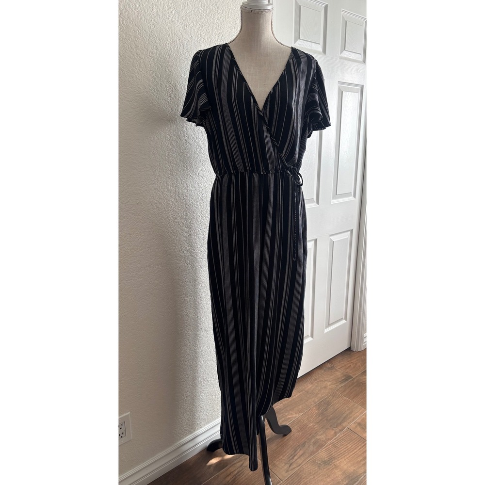 B·O·G Collective Jumpsuit XL Black White Striped Wrap Front Wide Leg Pockets